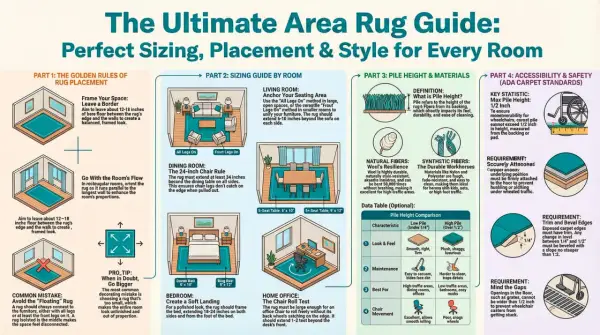 Bedroom rugs: create a soft landing. Extend 18-24 inches on sides and foot of bed for a polished look.