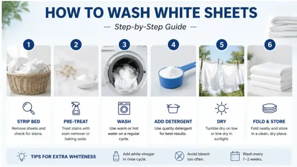Step-by-step guide on how to wash white sheets and blankets: strip bed, pre-treat stains, wash, add detergent, dry, and fold.