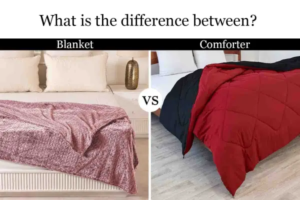 A pink knitted blanket vs. a red and black comforter, illustrating what's the difference between a blanket and a comforter.